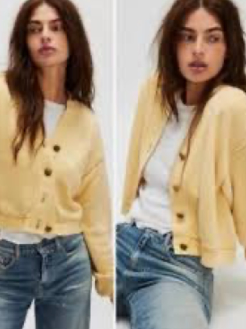 Free People Pale Yellow Cropped Button Long Time Love Cardigan